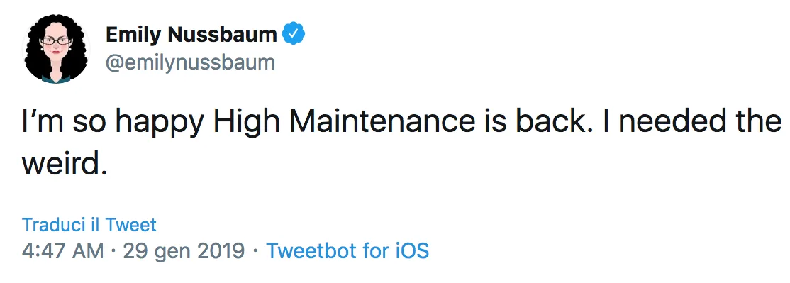 Screenshot_2020-03-12 (20) Emily Nussbaum su Twitter I’m so happy High Maintenance is back I needed the weird Twitter