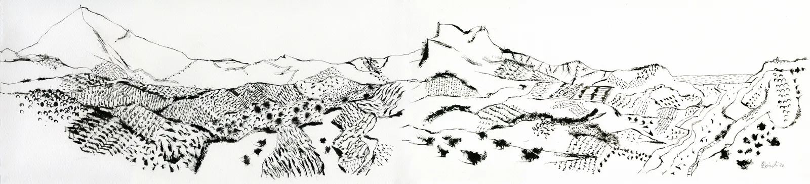Tullio Pericoli, Veduta da Sopravena di Rosara, 2020, acquerello su carta, 30 x 120 cm. (in Arte a parte, p. 120-123)